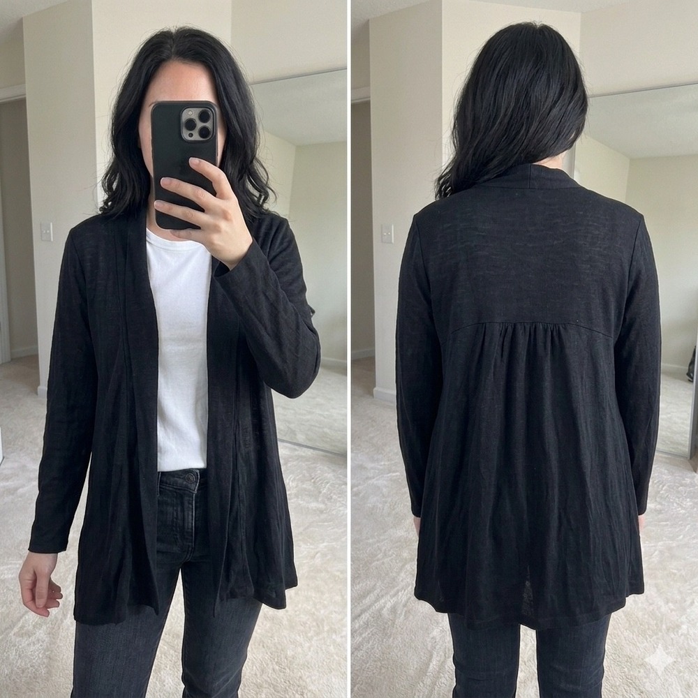 J Jill Love Linen Cardigan Sweater M Medium Black Open Front Draped Pleated Back